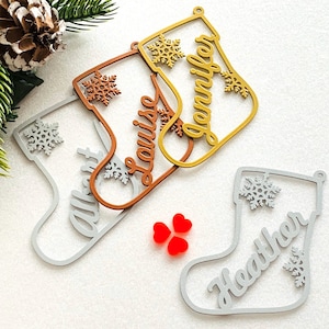 Personalized Christmas Ornaments Custom Stocking Name Gift Tags Hanging Holiday Tree Decorations Xmas Metal Bauble Laser Cut Name Snowflakes