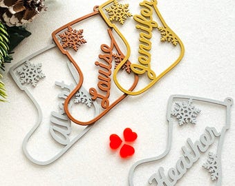 Personalized Christmas Ornaments Custom Stocking Name Gift Tags Hanging Holiday Tree Decorations Xmas Metal Bauble Laser Cut Name Snowflakes