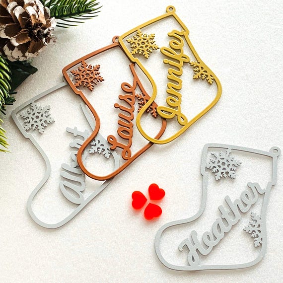 Personalized Christmas Ornaments Custom Stocking Name Gift Tags Hanging Holiday Tree Decorations Xmas Metal Bauble Laser Cut Name Snowflakes