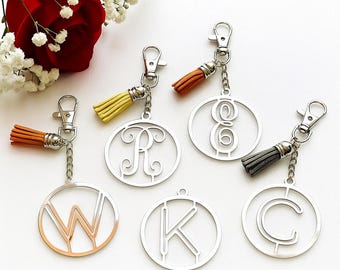 Personalisierter Monogramm Schlüsselanhänger mit Quaste - Personalisierter Silber Anfangsbuchstaben Schlüsselring