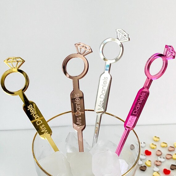 Custom Mrs Drink Stirrers - Personalized Diamond Ring Stir Sticks - Bridal Shower Cocktail Accessories