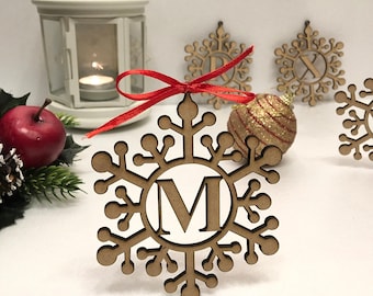 Personalized Wood Snowflake Letter Monogram Initials Xmas Ornaments Christmas Hanging Tree Decorations Laser Cut Custom Holiday Family Gifts
