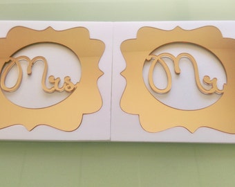 Mr and Mrs Monogram Custom Wedding Table Sign Bride and Groom Last Name Personalized Gold Charger Placemat Laser Cut Initials Place settings