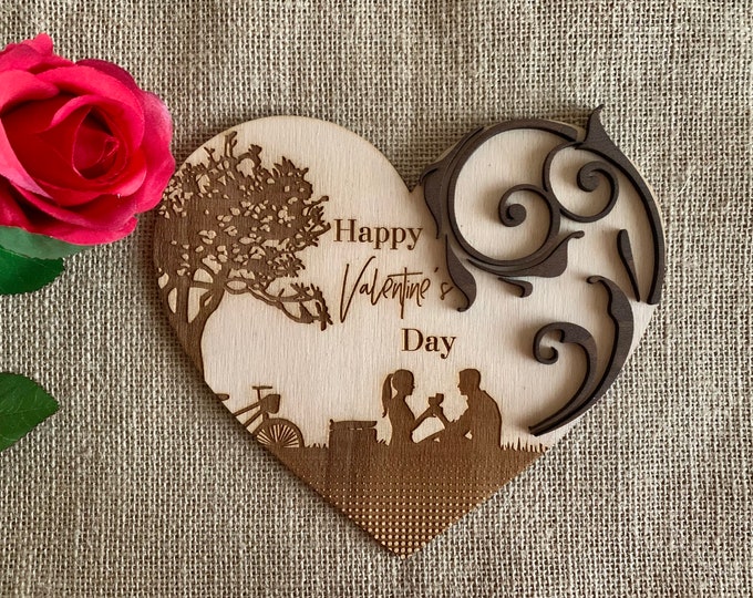 Personalized Wooden Heart Shape Happy Valentine's Day Love Engraved Postcard Gift for Her 3D Wood Rustic Romantic Handmade Custom Ornament
