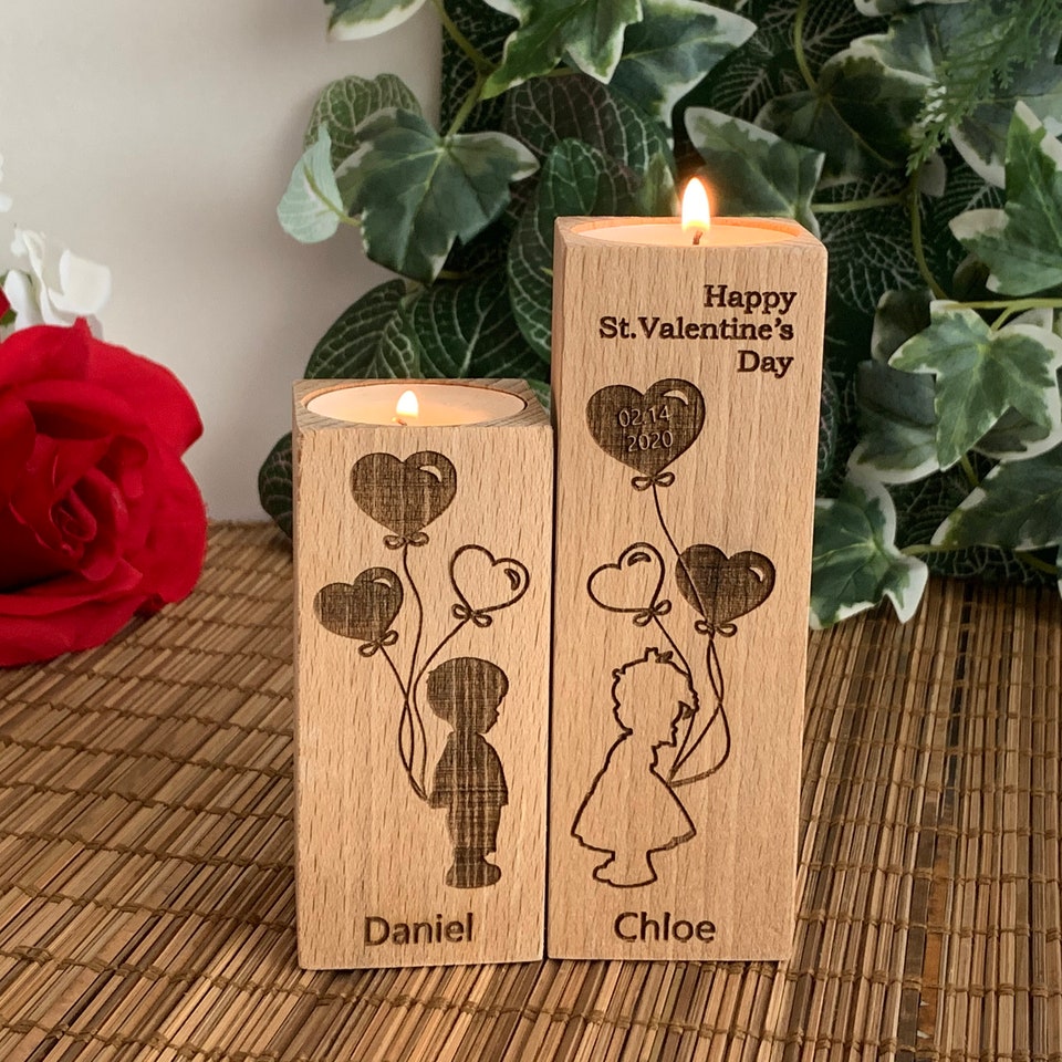 Wooden Candle Holders Personalized Happy Valentines Day Gift Save the Date Engraved Custom Names