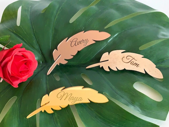 Leaf Place Cards Personalized Floral Wedding Alternative Wood Custom Seating Cards Mirror Acrylic Laser Cut Feather Shape Engraved Name Tags