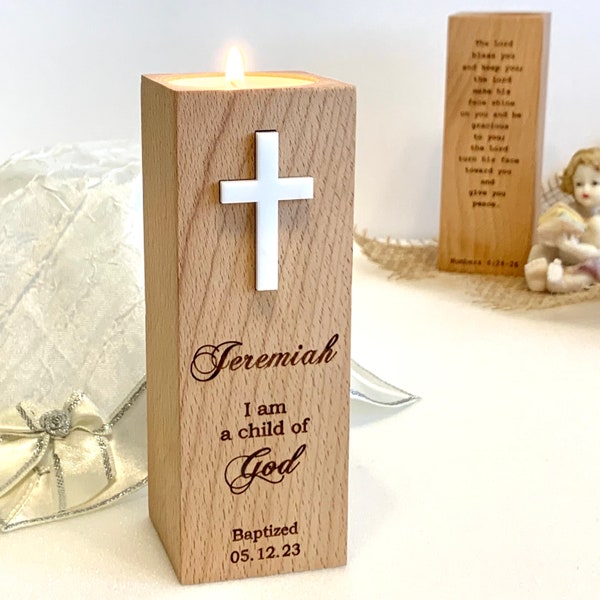 Porte-bougie en bois de baptême personnalisé, nom personnalisé, cadeau de baptême, verset de la Bible date de baptême, filleule, filleul, que Dieu vous bénisse, conception personnalisée