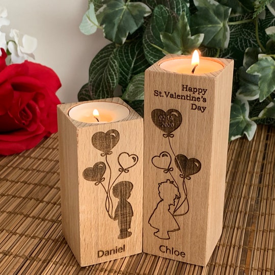 Wooden Candle Holders Personalized Happy Valentines Day Gift Save the Date Engraved Custom Names