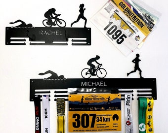 Personalized Triathlon Medal Holder Race Bib Holders Medal Hanger Custom Name Metal Medal Display Rack for Awards Race Numbers Swim Run Bike