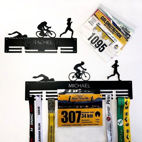 Personalized Triathlon Medal Holder Race Bib Holders Medal Hanger Custom Name Metal Medal Display Rack for Awards Race Numbers Swim Run Bike