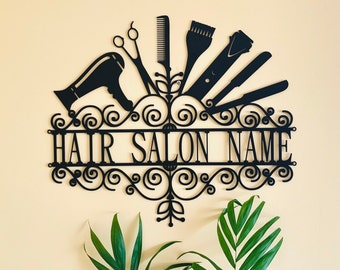 Personalized Hair Dresser Sign Custom Hair Salon Name Barber Sign Hair Stylist Name Monogram Sign Metal Wall Art Handmade Business Logo Sign