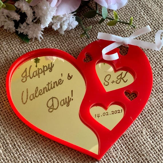 Persoznalized Heart Ornament with Initials & Date Custom Laser Engraved Happy Valentines Day 2025 Handmade Red Gold Acrylic Gift for Couples