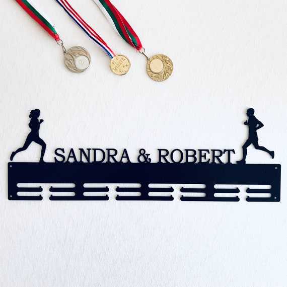 Custom Running Medal Holder for Couples – Family Medal Hanger with Personalized Text or Custom Name – Metal Display Rack for Awards