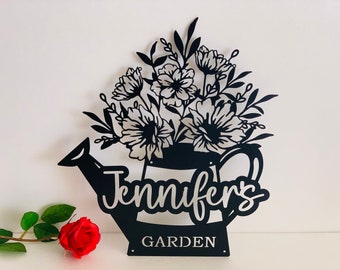 Personalized Watering Can Sign Custom Name Sign Metal Wall Art Gift for Gardener Decorative Hanging Outdoor Decor Flower Plaque Moms Garden