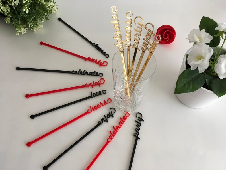 Personalized swizzle stir sticks Name drink stirrer Bridal shower Custom name tag Wedding decor Mother's Day Table centerpiece Party picks image 2