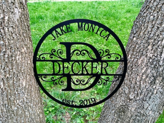 Personalized Last Name Metal Outdoor Sign Monogram Garden Door Hanger Initial Split Letter Wall Art Decor Wedding Gift Couple Names Est Sign