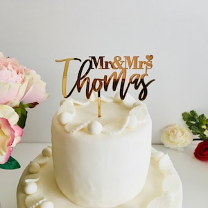 Personalized Mr and Mrs Cake Topper Wedding Cake Toppers with Heart Your Last Name Family Wood Acrylic Gold Silver Mirror Table Centerpieces