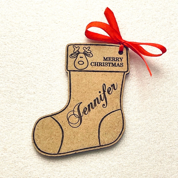 Set of Personalized Wooden Christmas Stocking Tags, Custom Engraved Name Ornaments, Gift Labels, Present Tags, Holiday Decorations