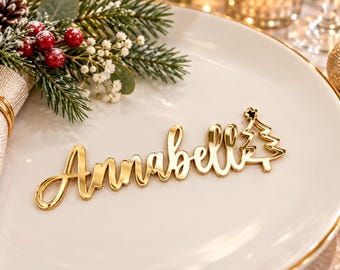 Personalized Table Names with Christmas Trees, Laser Cut Place Cards, Holiday Dinner Party Decor