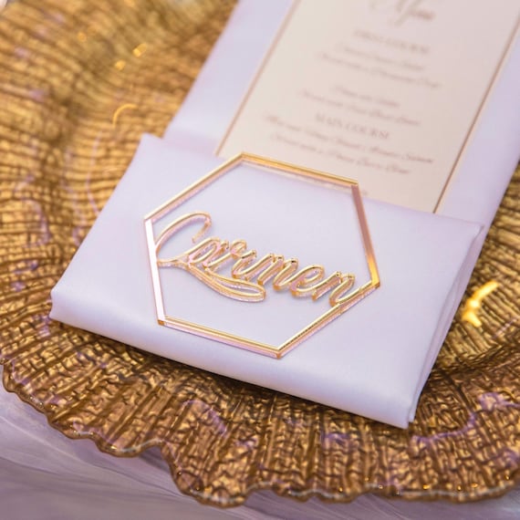 Personalized Acrylic Hexagon Place Cards – Custom Laser Cut Wedding Name Tags – Geometric Escort Cards & Table Decor