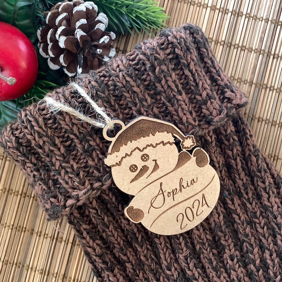 Custom Stocking Name Tags -  Personalized Name Labels for Holiday Gifts - Christmas Gift Tags - Wooden Snowman Ornament  Custom Holiday Gift