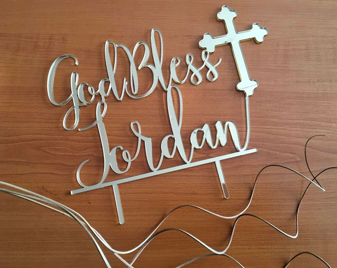 Personalized God Bless Cake Topper Baptism centerpiece Christening Name Topper 1st  First Holy Communion Religious Topper Cross Cake Topper