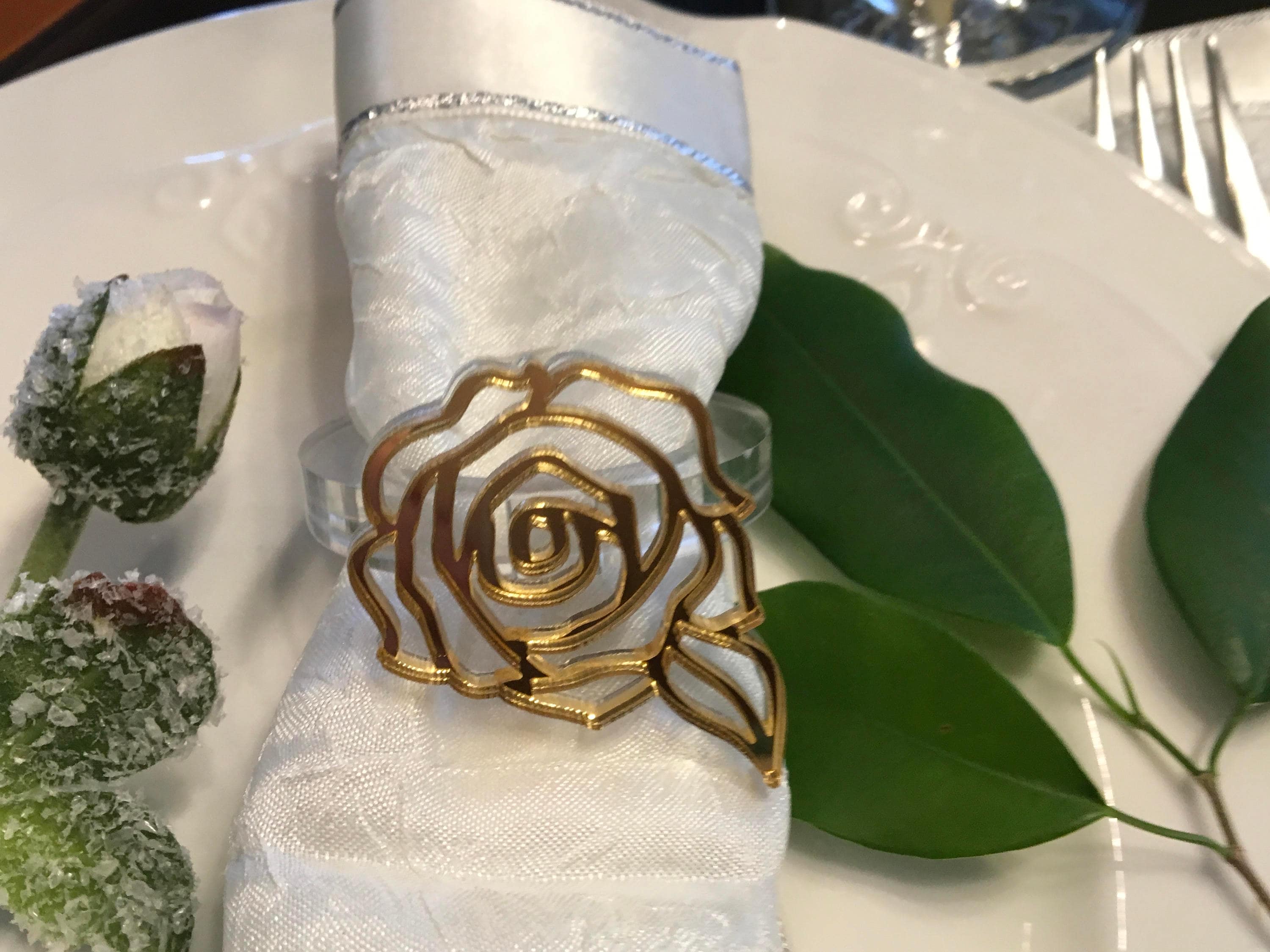 Flower napkin ring holders Filigree gold rose Acrylic Floral wedding