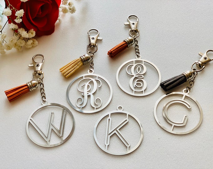 Personalized Keychain with Tassel for Women Silver Monogram Keyring Individual Letter Bridesmaid Key Chain Gift for Her Metal Monogrammed