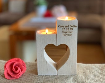 Personalized Wooden Candle Holder, Heart Cutout Design, Engraved Names and Wedding Date, Together Forever