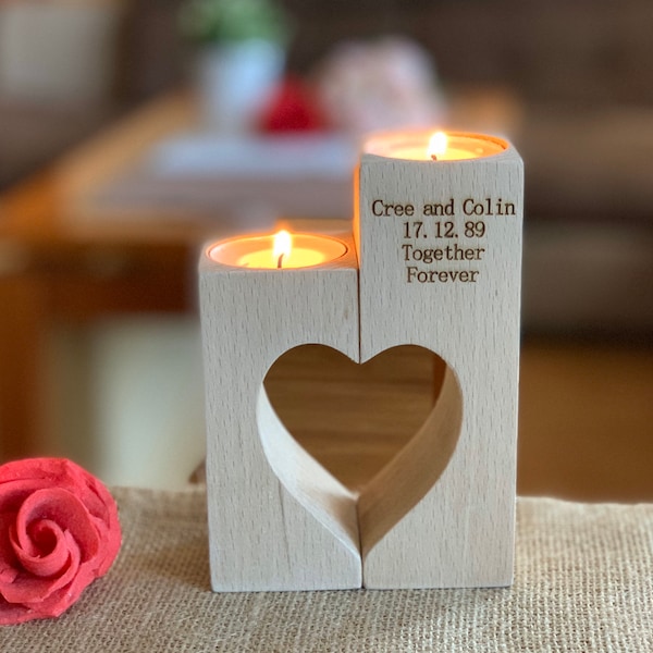 Bougeoir en bois gravé personnalisé porte-bougie chauffe-plat cadeau de Noël pour couple noms personnalisés enregistrer la date décorations pour la maison en bois