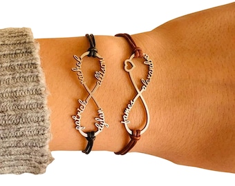 Personalized Name Bracelet Infinity Symbol Silver Custom Jewelry Stainless Steel Leather Gift for Girlfriend Handmade Love Heart Kids Names
