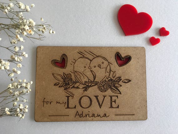 Custom greeting cards with hearts Laser cut Love card Personalized wooden gift For my Love Wood Valentines day gift Engraved birds in love
