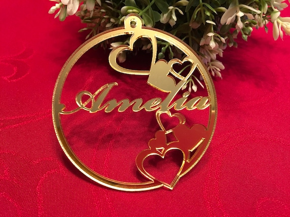 Personalized Name Love Heart Ornament, Custom Bauble, Valentines Day Decor, Gold Heart Decorations, Gift for Her, Laser Cut Acrylic Hearts