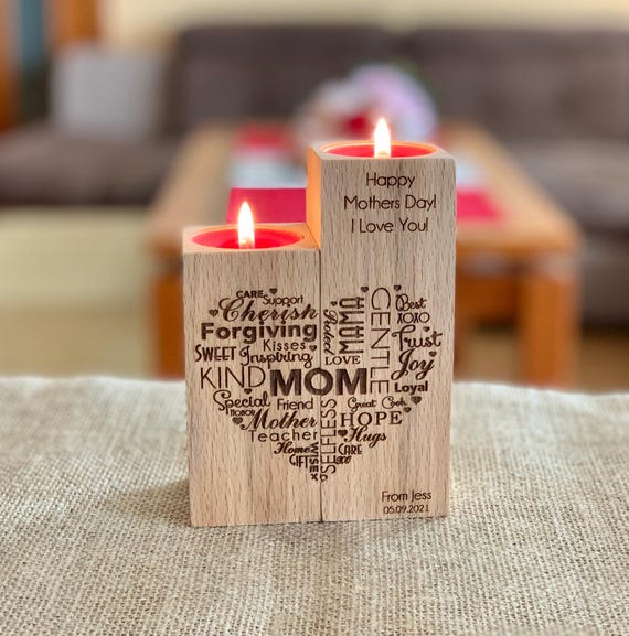 Personalized Heart Wood Candle Holder Mother's Day Gift Save the Date Love Heart Custom Words Engraved Inspirational Words Gifrt for Mom