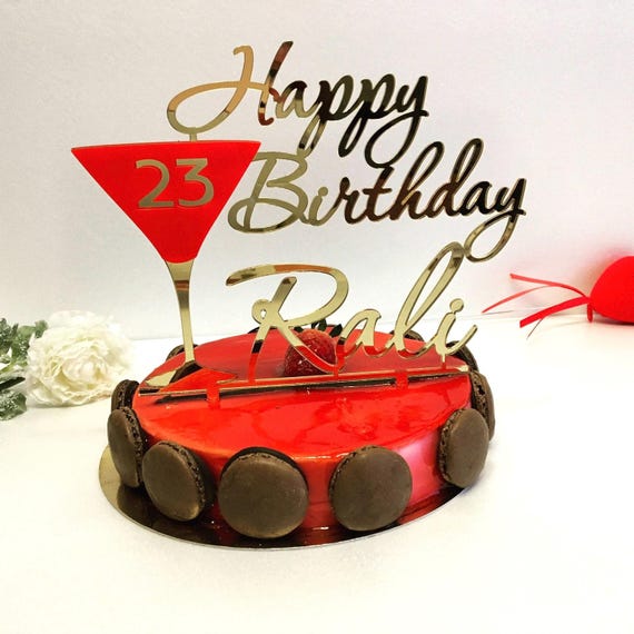 Personalized Name & Age Cake Topper Happy Birthday Party Custom Glass Red Martini Champagne Any Color 20th 30th 40th 50th Unique Party Decor