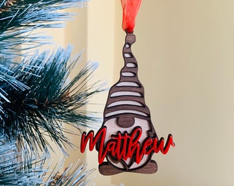 Unique Custom-made Wood and Acrylic Gnome Family Shaker Christmas Ornament  - Handmade Holiday Gift