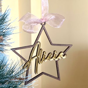 Personalized Christmas Star Wood Name Ornament with Laser Cut Name - Handmade Tree Decorations