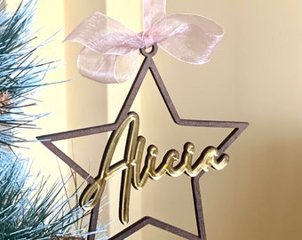 Personalized Christmas Star Custom Wood Name Ornament Laser Cut Name Handmade Tree Decorations Hanging Bauble Holiday Gifts, Christmas Gift