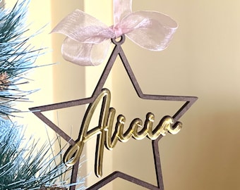 Personalized Christmas Star Wood Name Ornament with Laser Cut Name - Handmade Tree Decorations