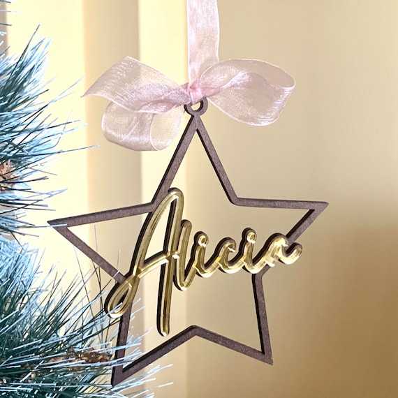 Personalized Christmas Star Custom Wood Name Ornament Laser Cut Name Handmade Tree Decorations Hanging Bauble Holiday Gifts, Christmas Gift
