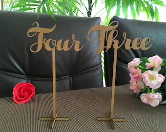 Wooden freestanding wedding table numbers Calligraphy Script Rustic numbers stand Wood table signs Cursive table number on sticks Laser cut