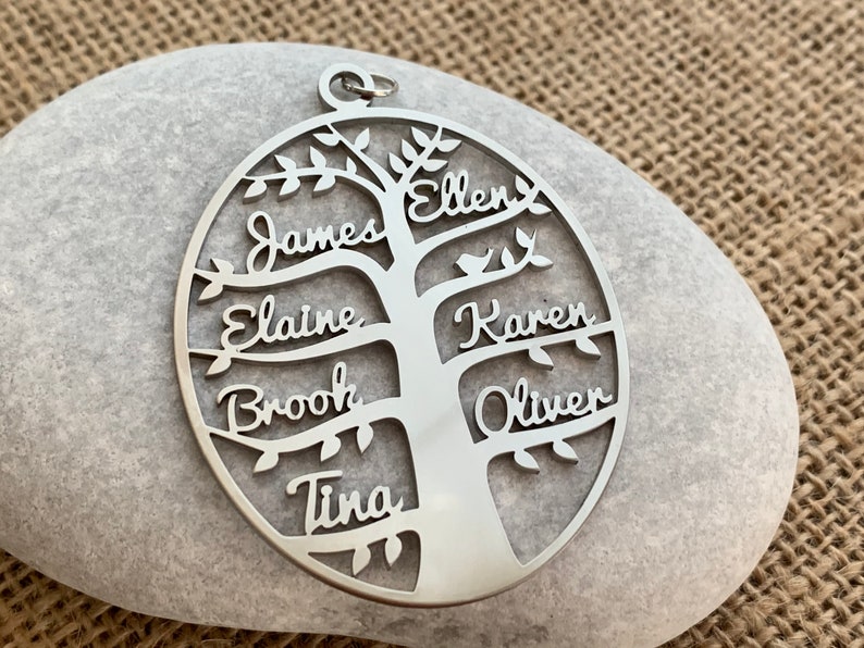 Personalized Tree of Life Family Names Necklace Handmade Oval Pendant Custom Laser Cut Names Stainless Steel Jewelry Women Anniversary Gifts image 5