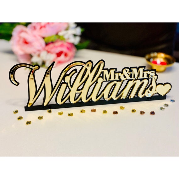 Mr & Mrs Wedding Personalized Last Name Sign Custom Top Table Freestanding Sign Sweetheart Table Decorations Surname Gold Black Centerpieces