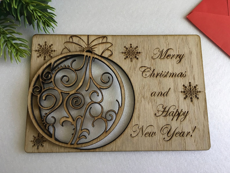 Custom Christmas Holiday Wood Cards Personalized Greeting Engraved Card Your Text Here Happy New Year Keepsake Gift Xmas Wooden Ornament image 1