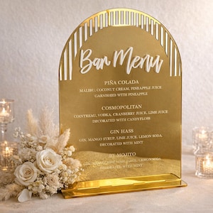 Letrero de barra de arco personalizado - Mesa de boda de acrílico personalizada - Lista de cócteles, vinos y cervezas