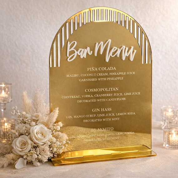 Personalized Arch Bar Menu Sign, Custom Acrylic Wedding Tabletop - Cocktail, Wine & Beer Drinks List