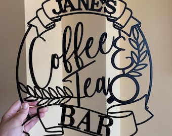 Letrero metálico personalizado con nombre para cafetería y té - Placa personalizada con hojas - Decoración para cafeterías