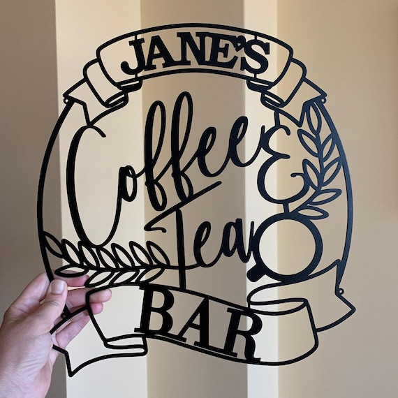 Personalized Metal Sign Coffee & Tea Bar Sign Custom Laser Cut Name Housewarming Gift for Mom Coffee Lover Wall Art Decor Wood Kitchen Sign