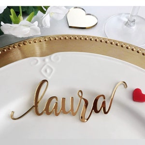 Gold Wedding Place Cards Personalized Acrylic Laser Cut Names Place name settings Guest name tags Wedding Signs Calligraphy Modern New Font image 1