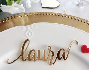 Gold Wedding Place Cards Personalized Acrylic Laser Cut Names Place name settings Guest name tags Wedding Signs Calligraphy Modern New Font